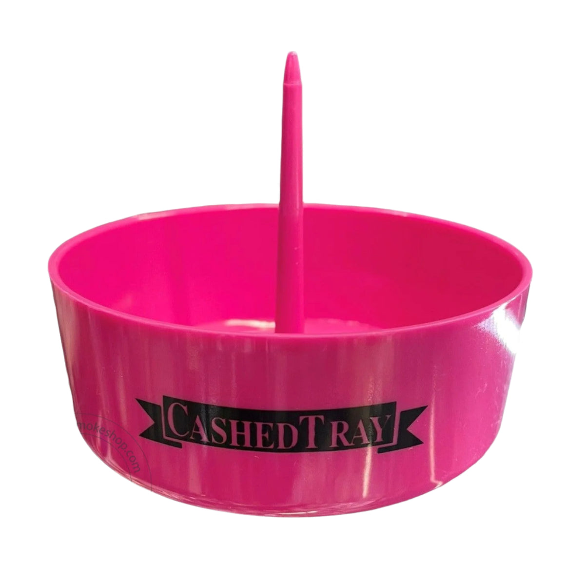 A pink bowl cleaner ash tray with a central spike, branded with 'CASHED TRAY' on the side.