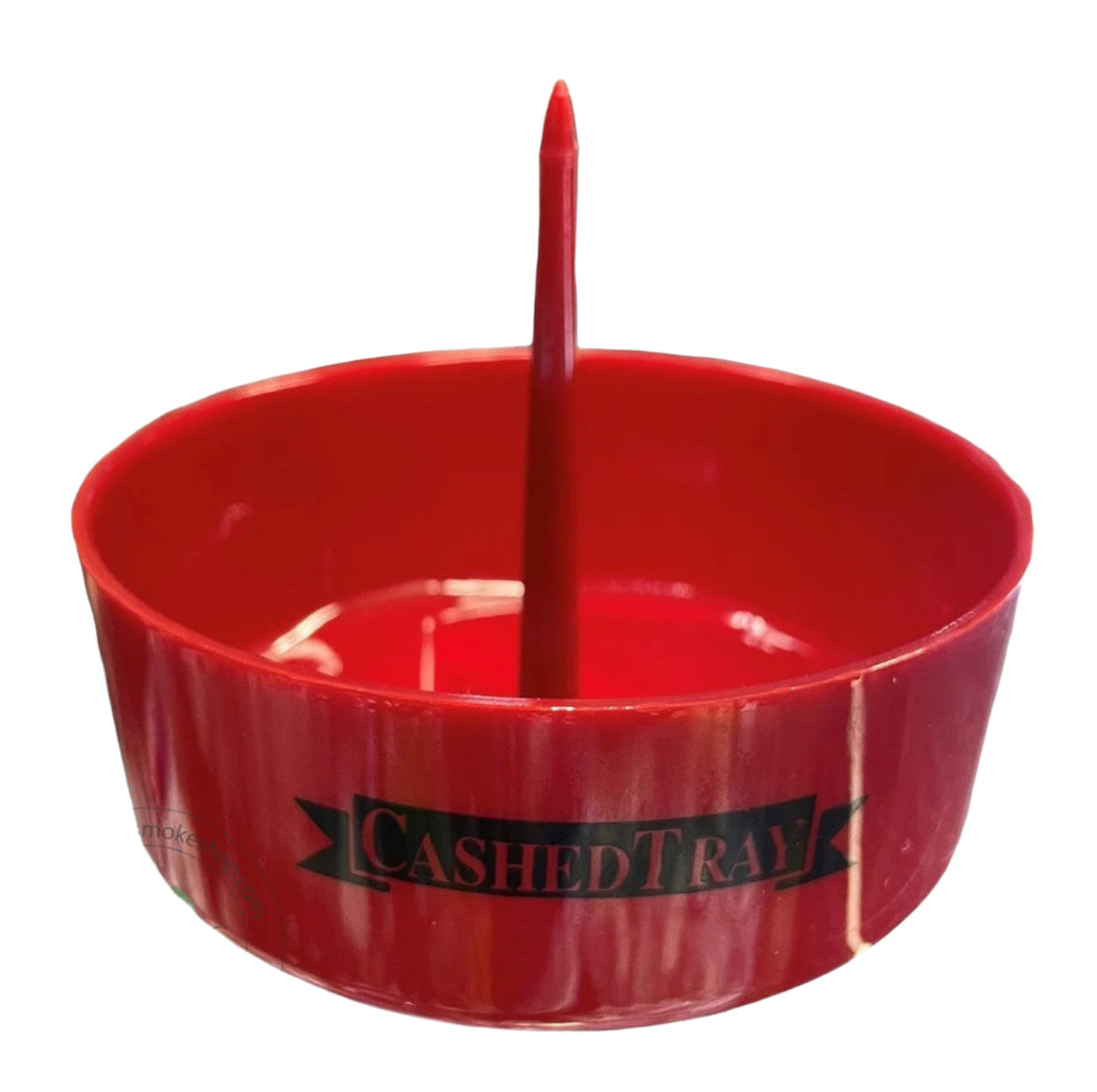 A red bowl cleaner ash tray with a central spike, branded with 'CASHED TRAY' on the side.