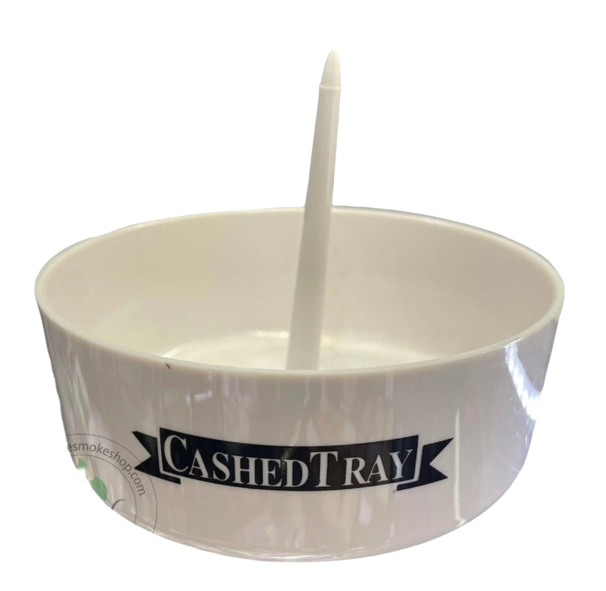 A white bowl cleaner ash tray with a central spike, branded with 'CASHED TRAY' on the side.