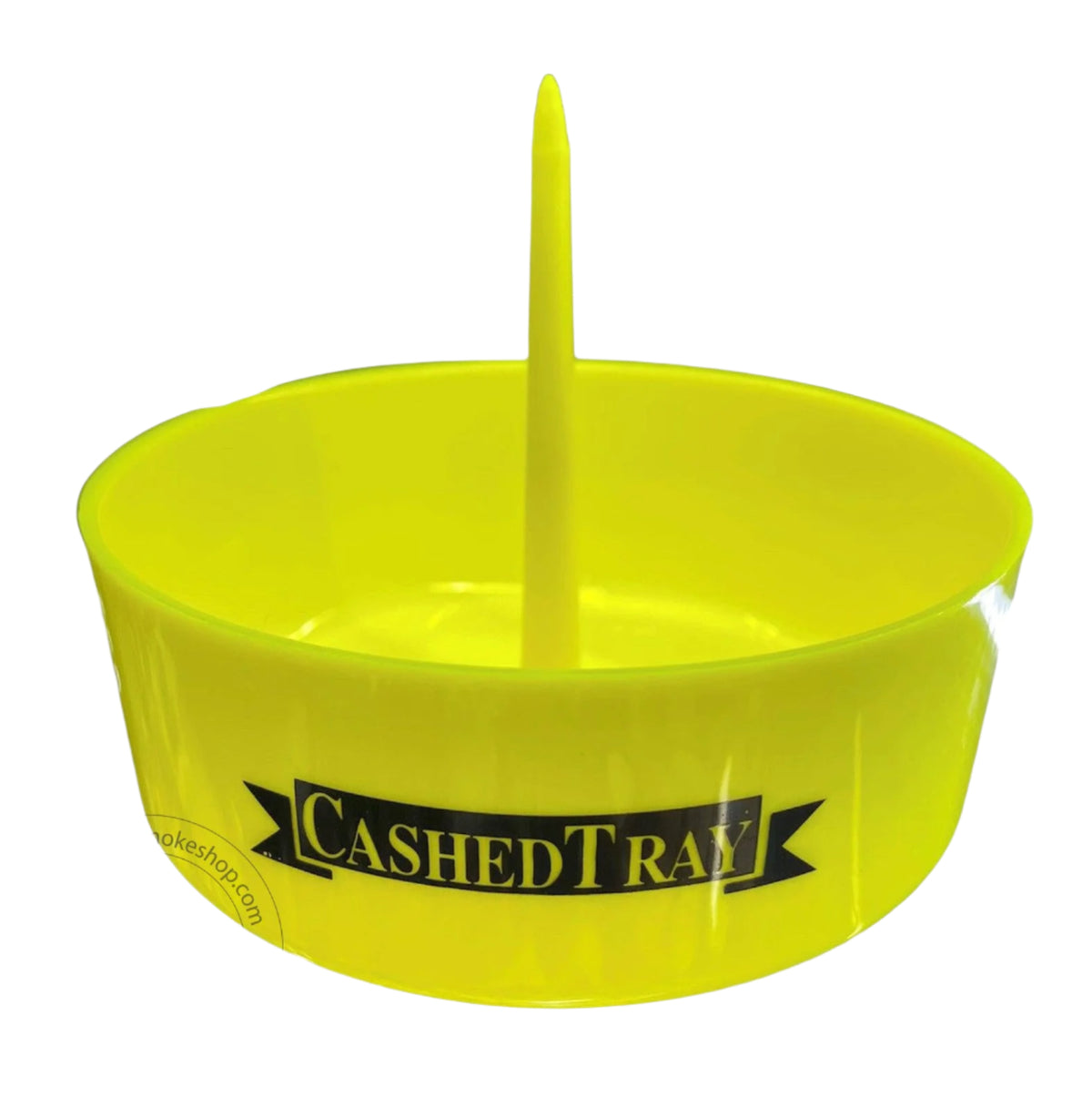 A yellow bowl cleaner ash tray with a central spike, branded with 'CASHED TRAY' on the side.