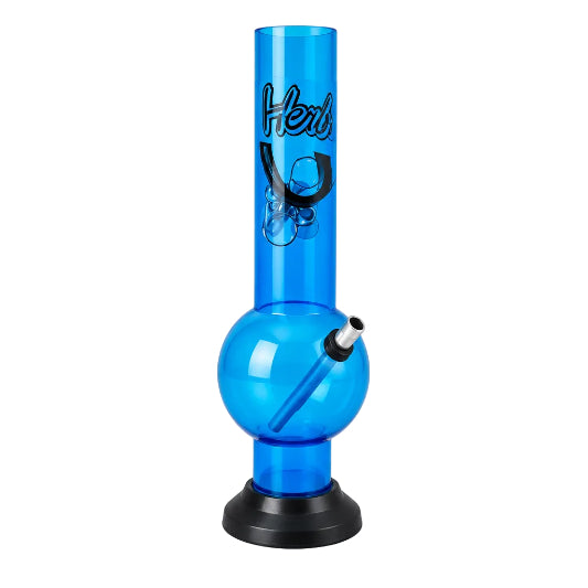 A collection of acrylic bongs in various colors, including black, blue, green, pink, purple, red, and clear.
