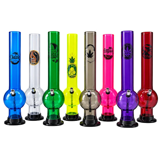 A collection of acrylic bongs in various colors, including blue, clear, green, pink, purple, red, and yellow.