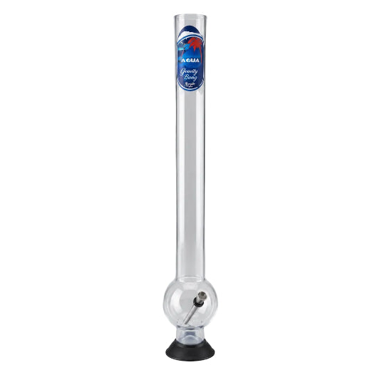 An acrylic bong with a metal bowl and downstem, predominantly clear in color with decorative elements around the mid-section.