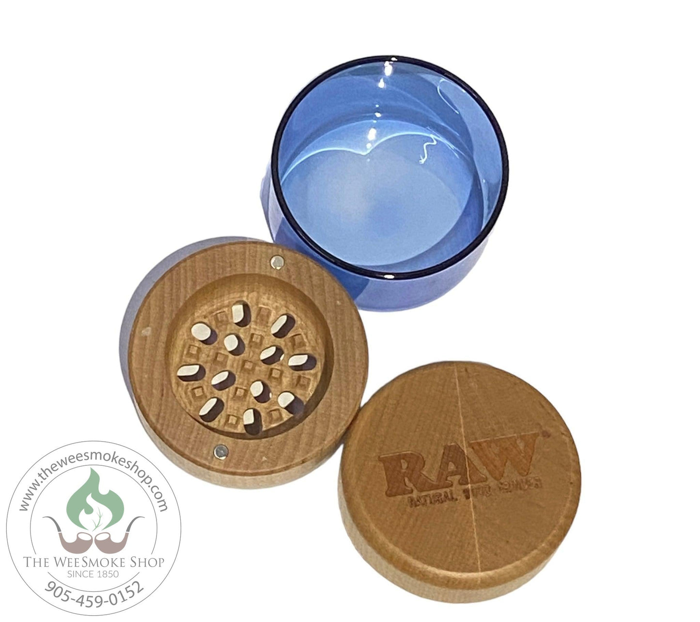 Raw Wood and Glass 3-Part Grinder-Blue-Raw-The Wee Smoke Shop