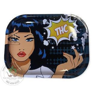 THC girl smoking small rolling tray