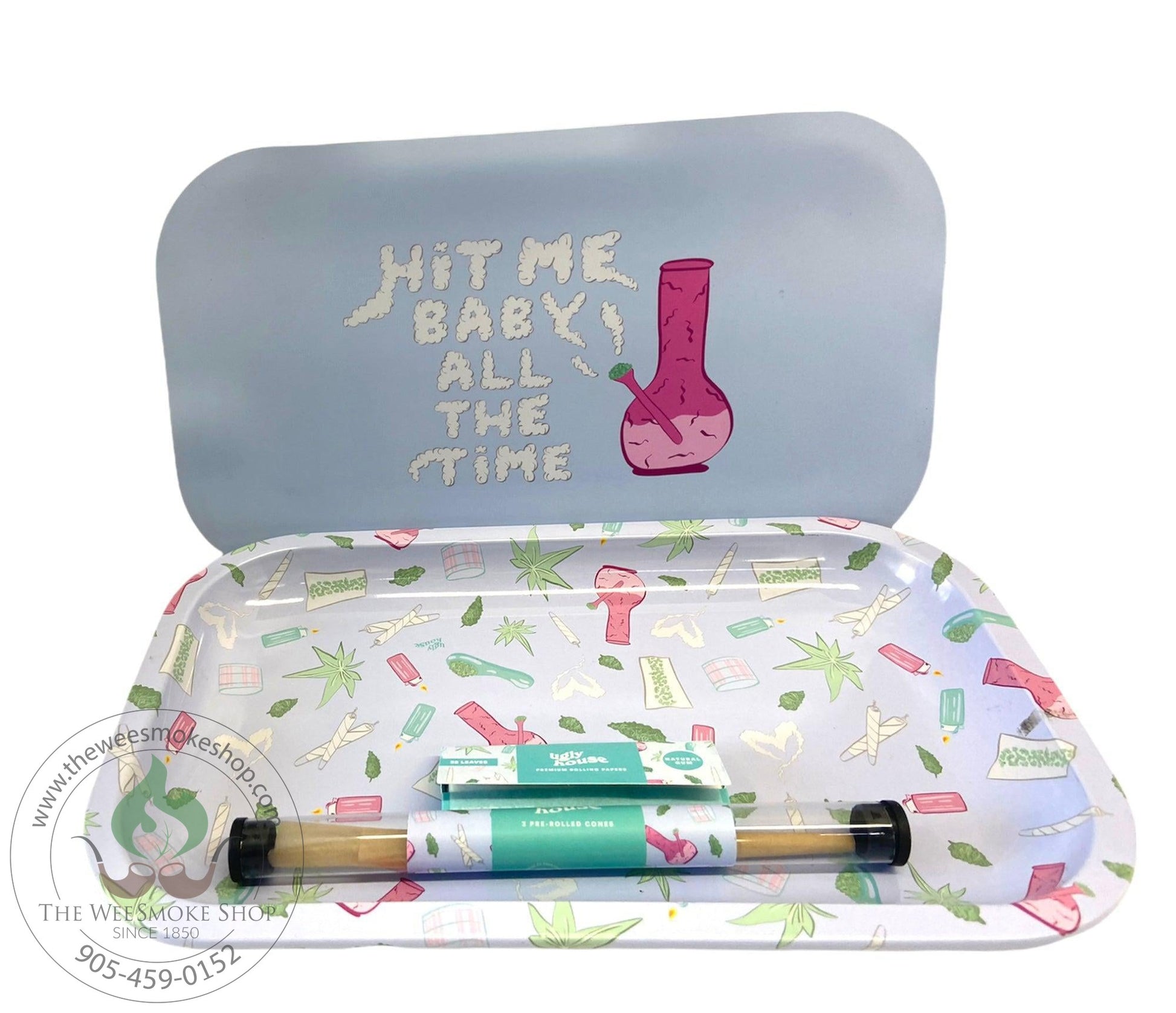Hit me baby all the time magnetic tray with lid. Comes with 3 pre rolled cones and a pack of 1 1/4 papers.
