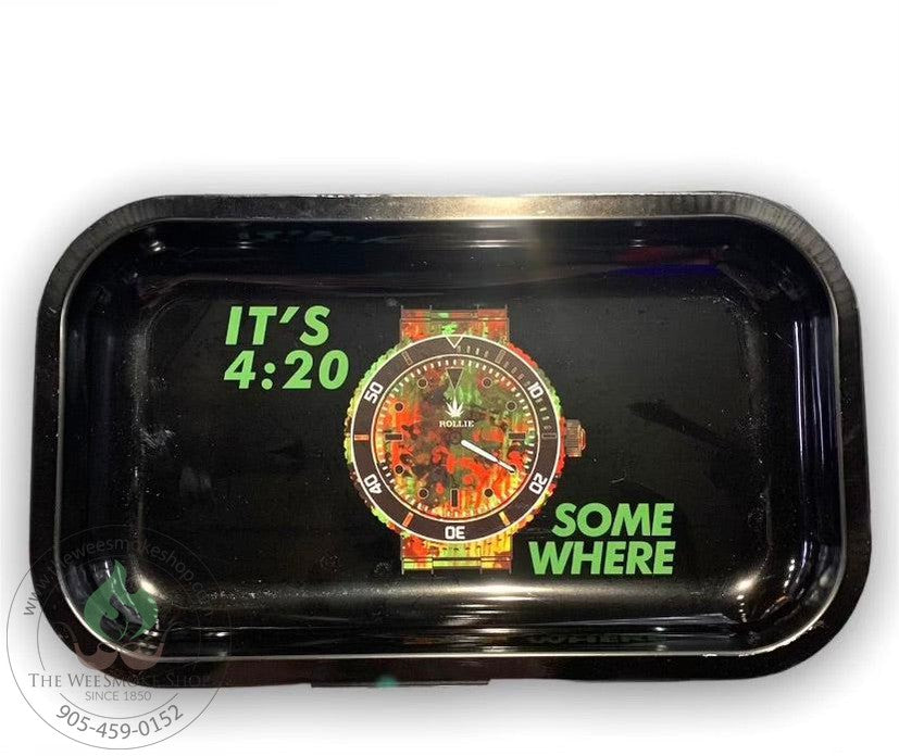 its 420 somewhere. medium sized rolling tray. Clock design in the middle